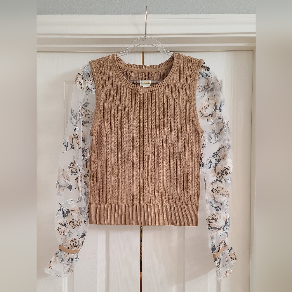 Maeve Anthropologie Tan Cable Knit Sweater with Floral Sheer Sleeves